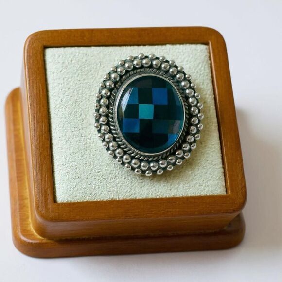 Southwest Aurora Opal & Onyx Checkerboard Sterling Silver Boho Adjustable Ring - Picture 10 of 10